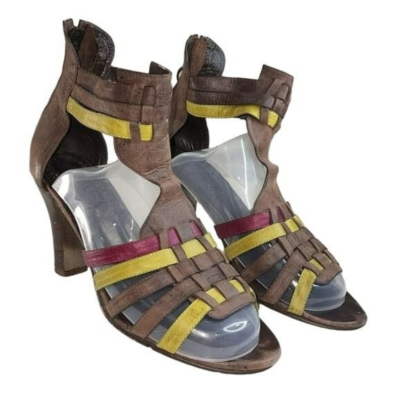 Vintage Style Brown Real Leather Peep Toe Block Heel Strappy Gladiator Sandals - Picture 3 of 16